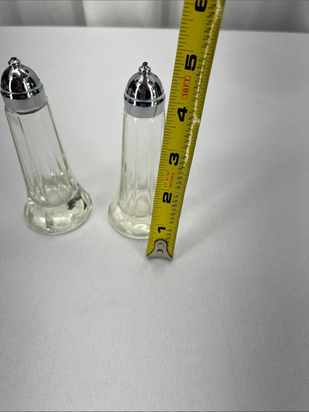 Clear Glass Salt and Pepper Shakers Metal Silver Color Tops Paneled Luxury Style